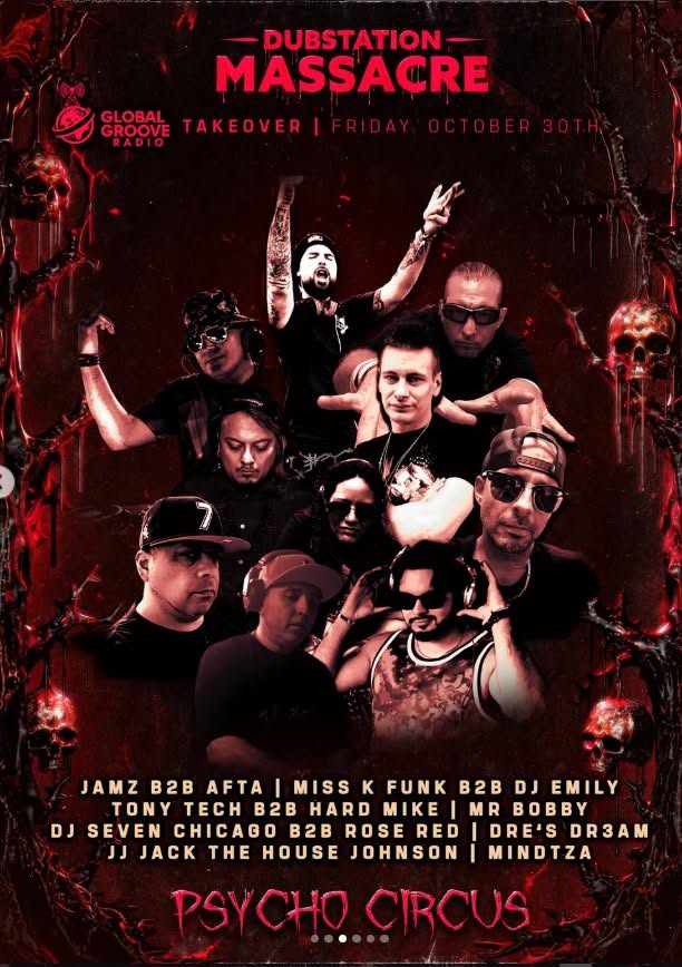 Global Groove Radio Dubstation Massacre stage takeover flyer